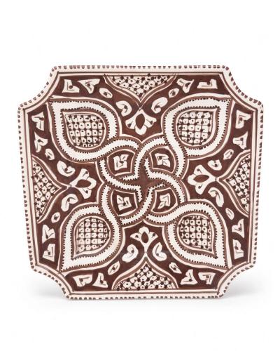 Hand-Painted Brown & White Square Ceramic Plate – Moroccan Style